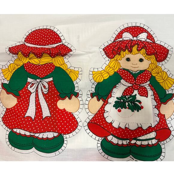 Vintage Fabric Panel Girl with Hat Red Green Christmas 2 Dolls Pillows #458 - Picture 1 of 4